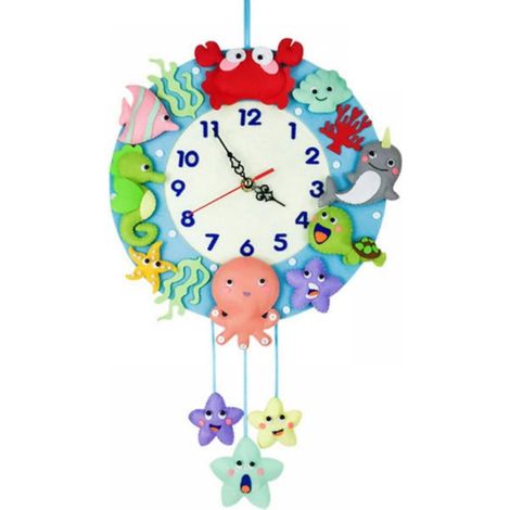 Horloge Murale En Tissu Non Tissé - DIY Marine Animal - Silencieuse À Pile - Pour Chambre D'enfant Salle De Classe Cuisine - 40 x 32 cm (1/5)