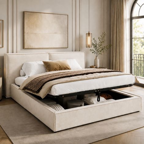 Cama canapé 180x200 cm con somier hidráulico y cabecero acolchado de chenilla beige OKMYHOME (1/5)
