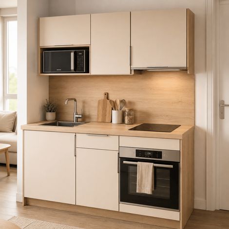 Pack cuisine 160 cm – meubles bas et hauts + Plan de travail + Crédence + Accessoires - Beige clair & Bois (1/5)