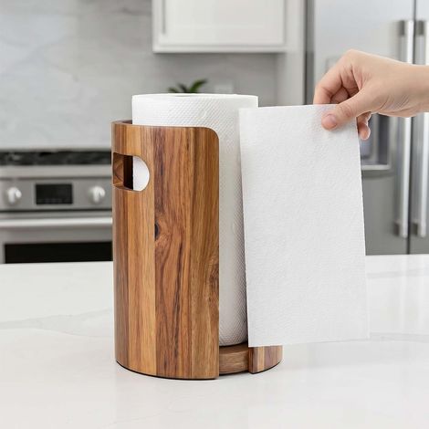 Porte Essuie-Tout en Bois pour Plan de Travail Cuisine, Support Sopalin avec Pare-éclaboussures, Poignées, Base Antidérapante et Lestée – Décor Maison Naturel pour Cuisine, Salle de Bains, Appartement (1/5)