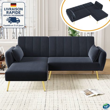 MODFU - Sofá cama de 3 plazas con respaldo ajustable en 3 posiciones, sofá esquinero en forma de L, adecuado para salón/dormitorio, terciopelo, negro (1/5)