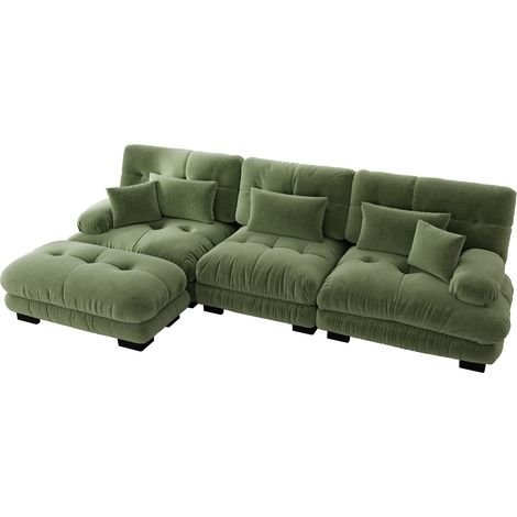 Sofá de esquina modular en L de chenilla verde con otomana, 313 x 145 x 81 cm (1/5)