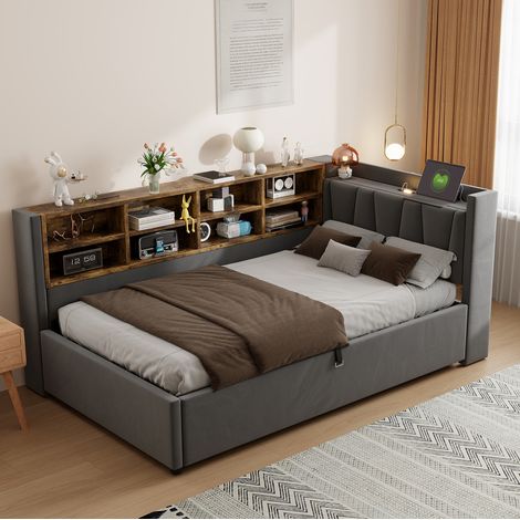 Cama tapizada 90x200 cm gris, terciopelo con almacenaje hidráulico y enchufes USB (1/5)