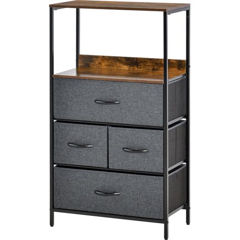 Commode chambre meuble de rangement 4 tiroirs en tissu pliables avec étagères ouvertes et cadre en métal, gris foncé