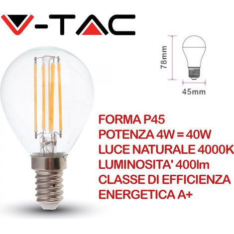 V-TAC Lampadina LED Attacco E14 da 4W P45 Filamento Bianco Naturale