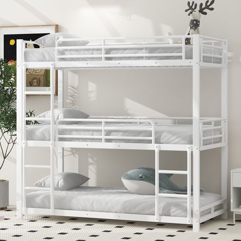 Lit superposé tripe 90x200cm, Cadre de lit en métal avec échelles, pour enfants, adolescents et adultes, blanc (1/5)