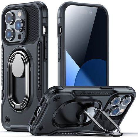 Custodia per iPhone 14 Pro, cover corazzata con stand e supporto ad anello, nera (1/5)