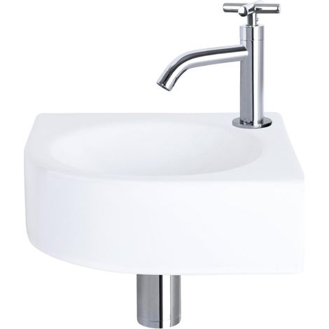 Differnz Cleo Set lave-mains 30x30x10cm 1 trou avec robinet courbé poignée croix et siphon + bonde chrome Quart de rond Céramique Blanc (1/5)