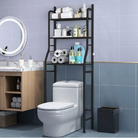 Étagère au‑dessus des toilettes multi‑niveaux en acier renforcé peinture anti‑rouille, pieds réglables et crochets de rangement, pose au sol sans perçage pour optimiser l’espace de votre salle de bain (1/5)