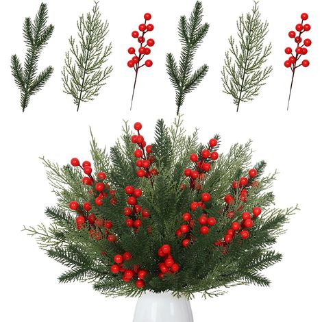 65pcs Branche de Sapin Branches de Pin Artificielles avec Baie Rouge Deco Noel, Houx Artificiel pour Arbre de noël Guirlande de Noël Decoration de la Maison Artisanat de Vacances décoration (1/5)