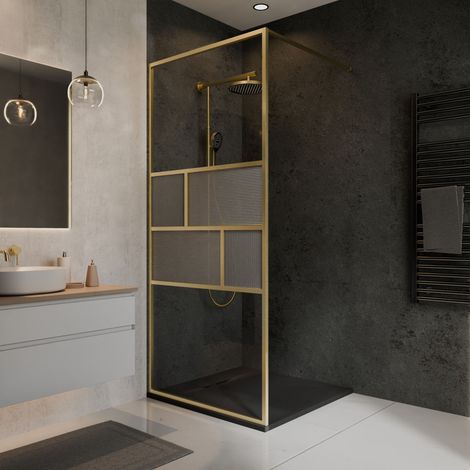Paroi de douche à l'italienne verre rainuré or mat, l. 90 cm x H. 200 cm, SCHULTE, Walk In réversible, verre 6 mm, Carvella