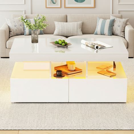 Mesa de centro de alto brillo, 104 x 53 x 46 cm, iluminación ambiental LED inteligente, 2 cajones, compartimentos de almacenaje abiertos - blanco (1/5)