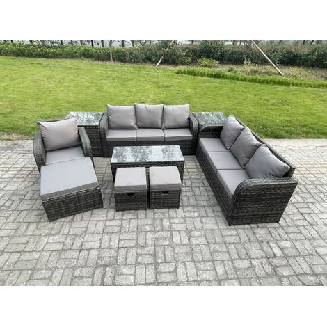 Fimous Ensemble de canapés en rotin 10 places Salon de jardin avec Table basse rectangulaire 3 Tabourets Canapé 3 places 2 Tables d'appoint Gris foncé mixte (1/5)