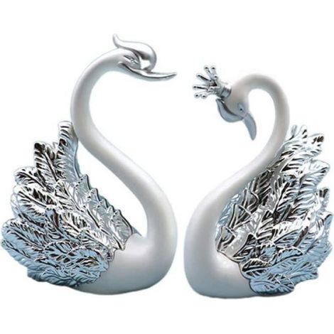 Décoration Cygne - Statuette Déco Gâteau Mariage Anniversaire Noël - Blanc Argent - 11,5 x 7,5 cm et 10 x 6 cm - Lot de 2