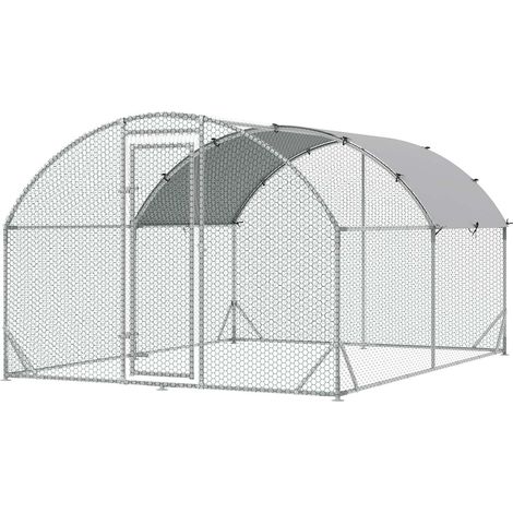 Hühnerstall Freilaufgehege aus Stahl, 280 x 380 x 197 cm Hühnerkäfig mit UV-beständiger Abdeckung, Tür, Hühnergehege für 6-12 Hühner, Kleintiere, Silber