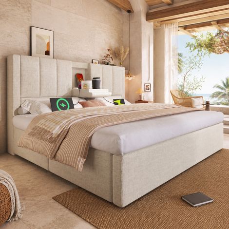 Cama tapizada 140x200 cm, con portavasos oculto y estación de carga, con almacenamiento hidráulico, lino beige (1/5)