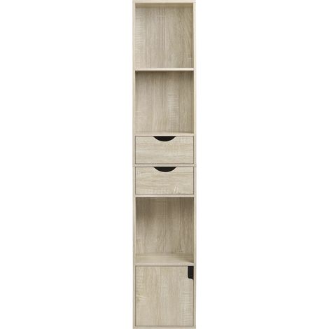 Libreria stretta alta con 3 vani 2 cassetti e anta in legno ingegnerizzato rovere chiaro (1/5)