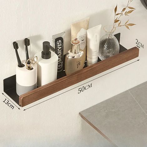 Ensemble d'étagères de salle de bain en bois (50 cm), étagère de douche, étagère murale en bois pour salle de bain, support pour sèche-cheveux, étagère d'angle pour salle de bain. (1/5)