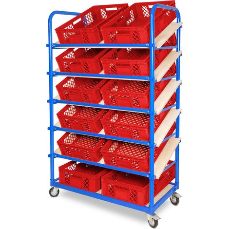 BRB Schrägboden-Regalwagen mit 6 Ebenen, bestückt mit 12 Euroboxen BxTxH 600x400x150 mm durchbrochen, BxTxH 1050x500x1690 mm (rot)