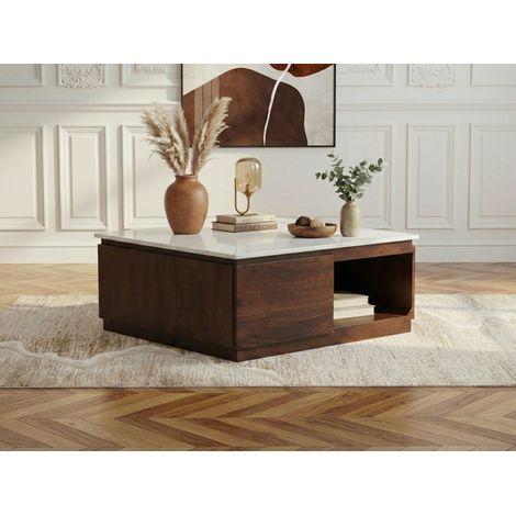 BOBOCHIC - Table basse carrée 2 tiroirs 80 cm BARBARA bois massif de manguier et marbre (1/5)