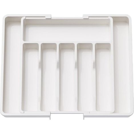 Besteckkasten, Kunststoff, Schubladentyp, verstellbar und ausziehbar – 56 x 37,5 cm – 8 Fächer für Essstäbchen, Löffel, Gabeln und Messer – Weiß (1/5)