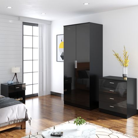 ELEGANT 3 Piece Bedroom Furniture Set, 2 Door Wardrobe, 4 Drawer Chest Of Drawer and 1 Drawer Bedside Cabinet (Black) (1/5)