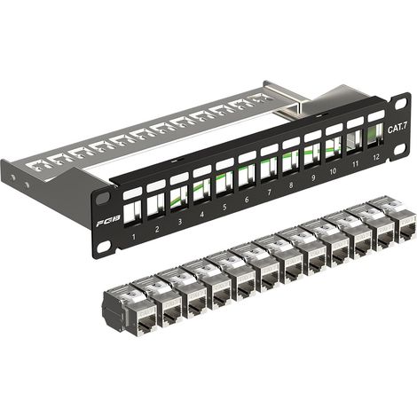 12 Port CAT7 10Gbps Patch Panel with 12 Shielded Cat7 Keystone Modules, 19" RJ45 Rack Mount, 600MHz LAN Network, Gigabit Network Switch Layer Cable (1/5)