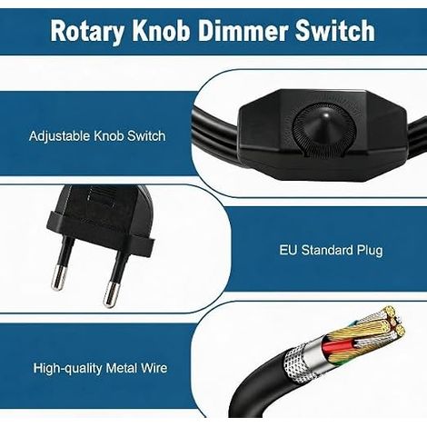 LED Dimmer Switch 250 V, Continuous Rotatable Extension Cord with 2 m Cable for Lamps, EU Plug, Black (1/4)