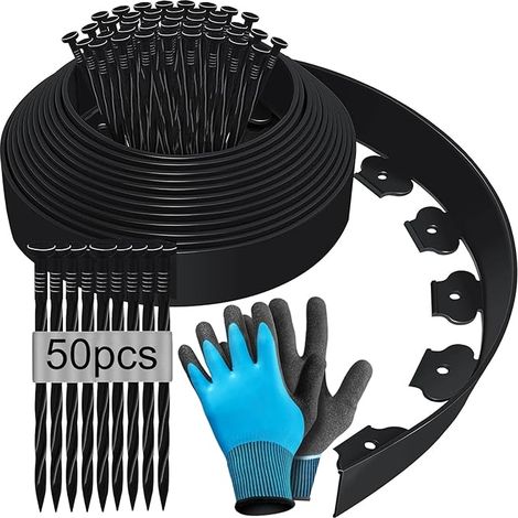 Bordure de Jardin Flexible 10m Bordure Jardin Exterieur Hauteur 10cm Bordure Jardin Plastique Bordurette de Jardin Bordure de Tonte avec Gants et 50 Ongles Noir (1/5)
