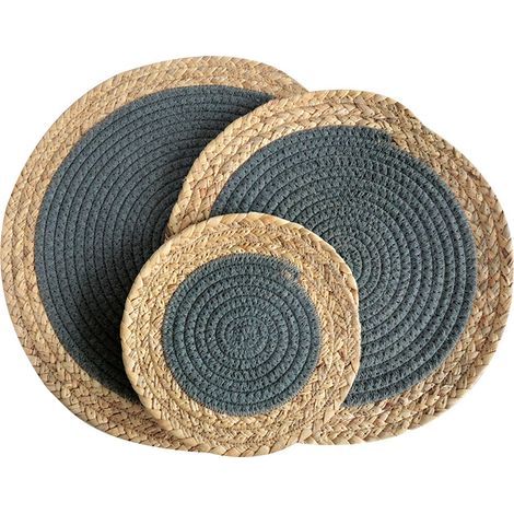 3-Piece Set of Round Braided Tablecloths, Grass and Cotton Rope, Insulating and Heat Resistant, Kitchen Decoration, Dark Gray