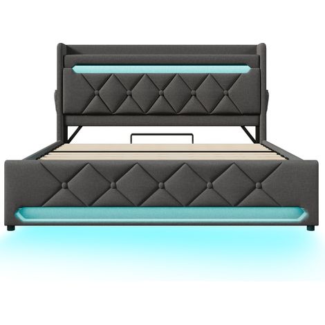 Polster-Doppelbett 160x200 cm grau aus Leinen mit Stauraum, LED und USB-Anschlüssen (1/5)