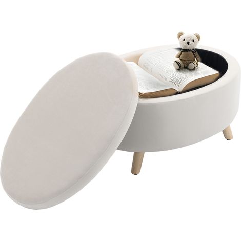 Tabouret de rangement ovale intérieur, coffre, pouf, revêtement effet velours, 71 x 51,5 x 42 cm, beige