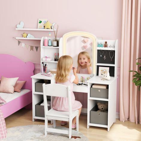 Coiffeuse pour enfants avec tabouret et miroir LED, table de maquillage pour 3 à 8 ans, 104 x 40 x 112 cm, blanc (1/5)