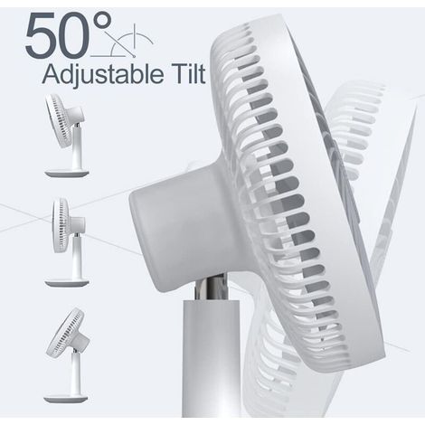 Wiederaufladbarer Tischventilator mit 4000 mAh Akku, USB-Anschluss – 4 Geschwindigkeitsstufen, leiser Betrieb – 50° Neigungswinkel – bürstenloser Motor – kompakte Größe (16 cm) (1/5)