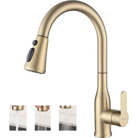 Robinet de Cuisine Beige avec Douchette Extractible, Mitigeur Evier Pivotant 3 Jets d'eau, Robinettrie Rotatif 360° pour Evier Double, Acier Inoxydable, Cartouche Céramique