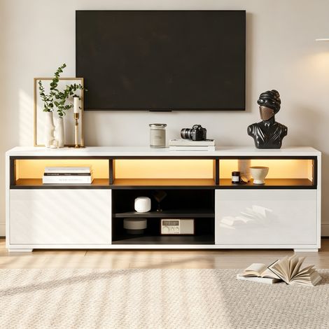 Meuble TV LED - Rangement, Brillant - 150x35x50 cm - 2 portes, 7 espaces de rangement - Panneau particules - Blanc (1/5)