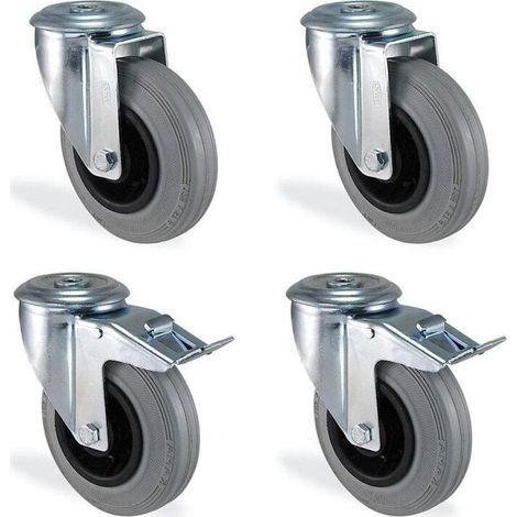 Lot roulettes à oeil pivotante et pivotnate à frein caoutchouc gris souple diamètre 80mm charge 150kg