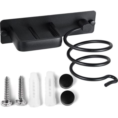 Porte Sèche Cheveux Support de Lisseur en Aluminium avec Range-Câbles Mural Fer à Lisser Brosses à Cheveux pour Organisateur Hôtel de Chambre à Coucher de Salle de Bain Salon de Coiffure Noir