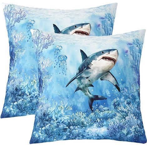 Housse Coussin 3D Imprimé Requin Housse de Coussin Lot de 2 60x60 Océan Animaux Thème Taie Oreiller sous-Marin Monde Corail Taie d'oreiller Garçons Filles Adultes Décor Maison (1/5)