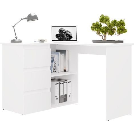 NICEA - Escritorio de esquina izquierdo con almacenaje - 3 cajones + 2 estantes - 120x48,5x75 cm - Escritorio para ordenador - BLANCO (1/5)
