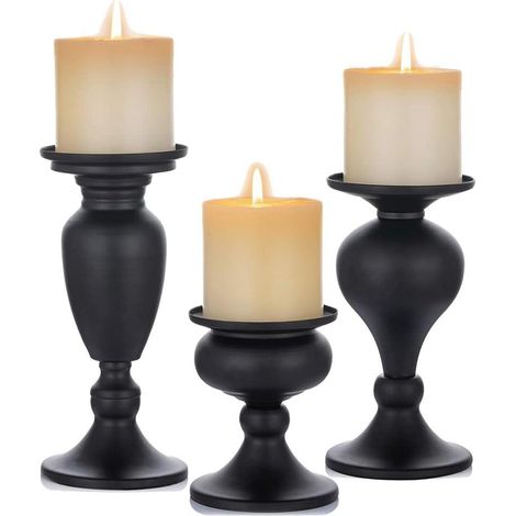 Ensemble de 3 bougeoirs en métal noir, élégants pour centres de table, cheminées, décoration de salon, design en forme de citrouille (1/4)