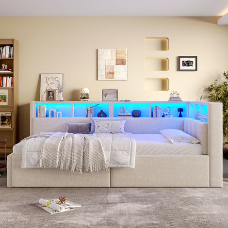 Divano letto 90x200 cm beige in lino e MDF con LED, ricarica USB/Type-C e vano contenitore (1/5)