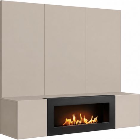 Ensemble meuble TV mural Fly B-K avec cheminée bioéthanol - Bois MDF cachemire - 160 x 158 x 40 cm - Livraison gratuite (1/2)