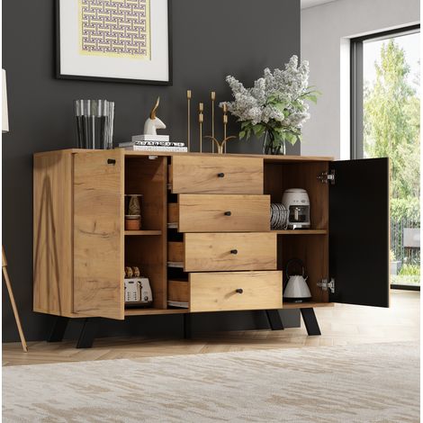 Buffet 120x38x75 cm noir et bois naturel en MDF avec 4 tiroirs, 2 placards et pieds en bois massif (1/5)