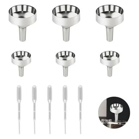 6-teiliges Mini-Metalltrichter-Set, klein mit 5 x 2 ml Kunststoffpipetten, kleiner Parfümtrichter für Miniaturflaschen, Kosmetik, ätherische Öle (1,8 cm + 2,5 cm) (1/5)