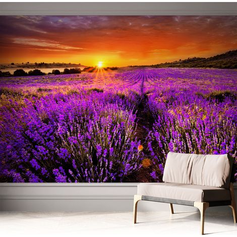 Papier peint adhésif autocollant pour salon chambre à coucher peint imprimé pour mur Coucher de soleil lavande 312x219 cm (1/5)