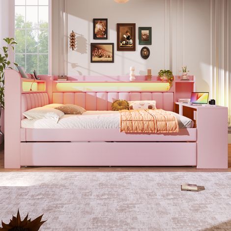 Lit capitonné 140x200 cm avec prises USB et bandeau LED, ensemble lit-bureau gigogne, teinte rose (1/5)