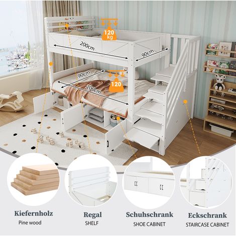 Lit superposé blanc 90x200 cm avec escalier de rangement, compartiments sous le lit inférieur, barrière de sécurité surélevée, étagère à livres et design moderne en panneaux (1/5)