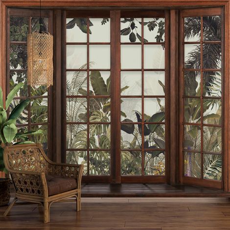 Papier peint panoramique Trompe l'oeil Fenêtre en bois - Forêt Tropicale - 130 cm x 104 cm (1/5)