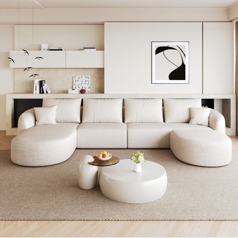 Divano angolare modulare a U 336x168x85 cm in tessuto ciniglia bianco, senza montaggio (1/5)